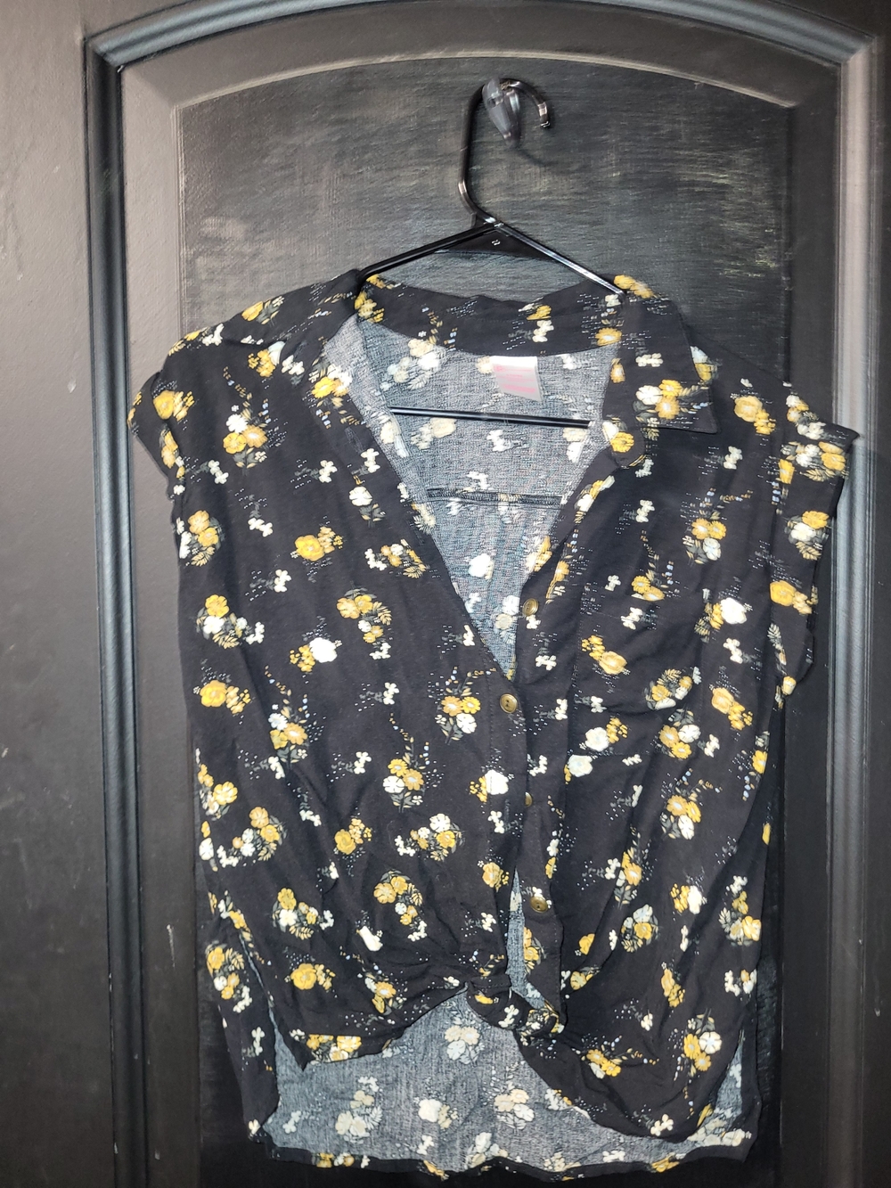 No Boundaries Black Floral Tie-Front Blouse with Yellow & White Flowers